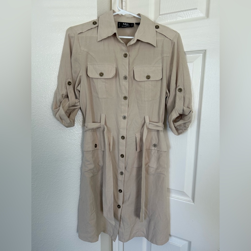 Stylish Long Sleeve Beige Dress with Button Details